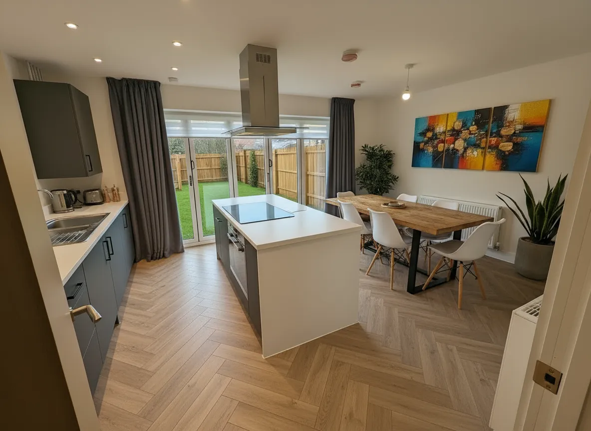 Bold contemporary kitchen with herringbone floor and statement art