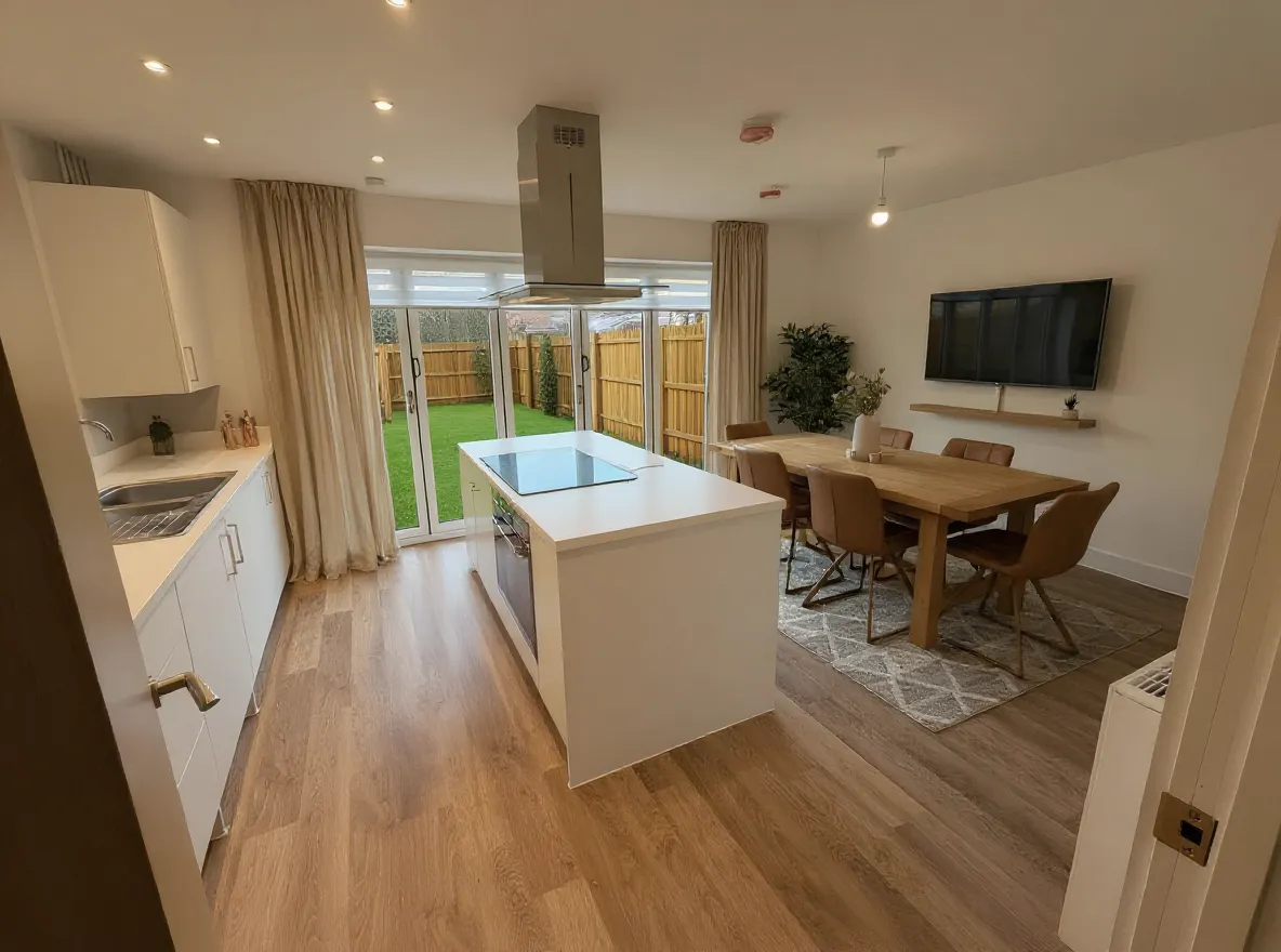 Soft modern new-build kitchen and dining space